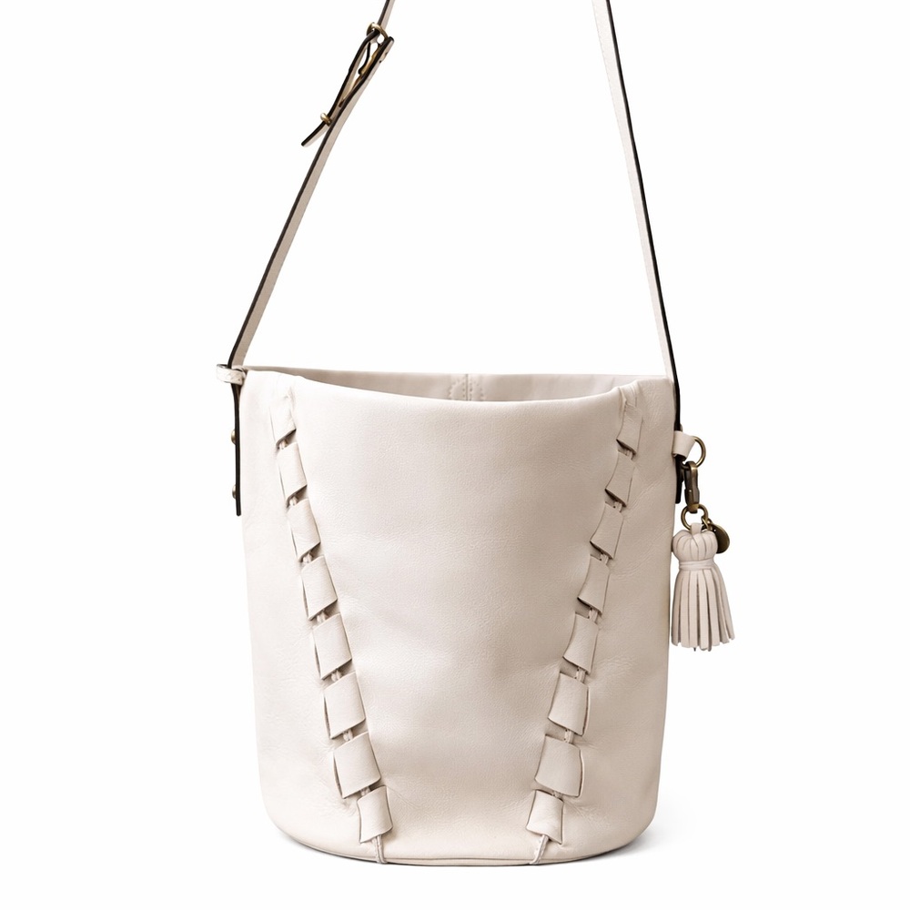 The Sak Cream Leather Bucket Bag Tassel Shoulder Bag Boho Minimalist - Picture 5 of 13